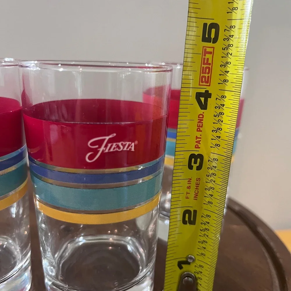Vtg Fiesta Juice Glasses Set of 4 Red Blue Yellow‎ Striped Retro Tumblers 4.5